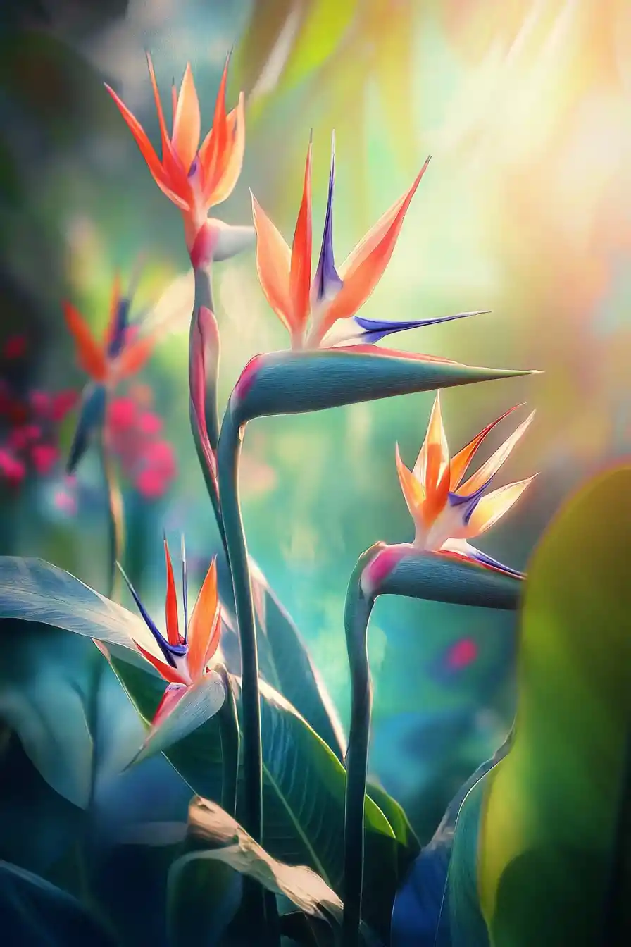 Painterly birds of paradise flowers in a dreamy wide view