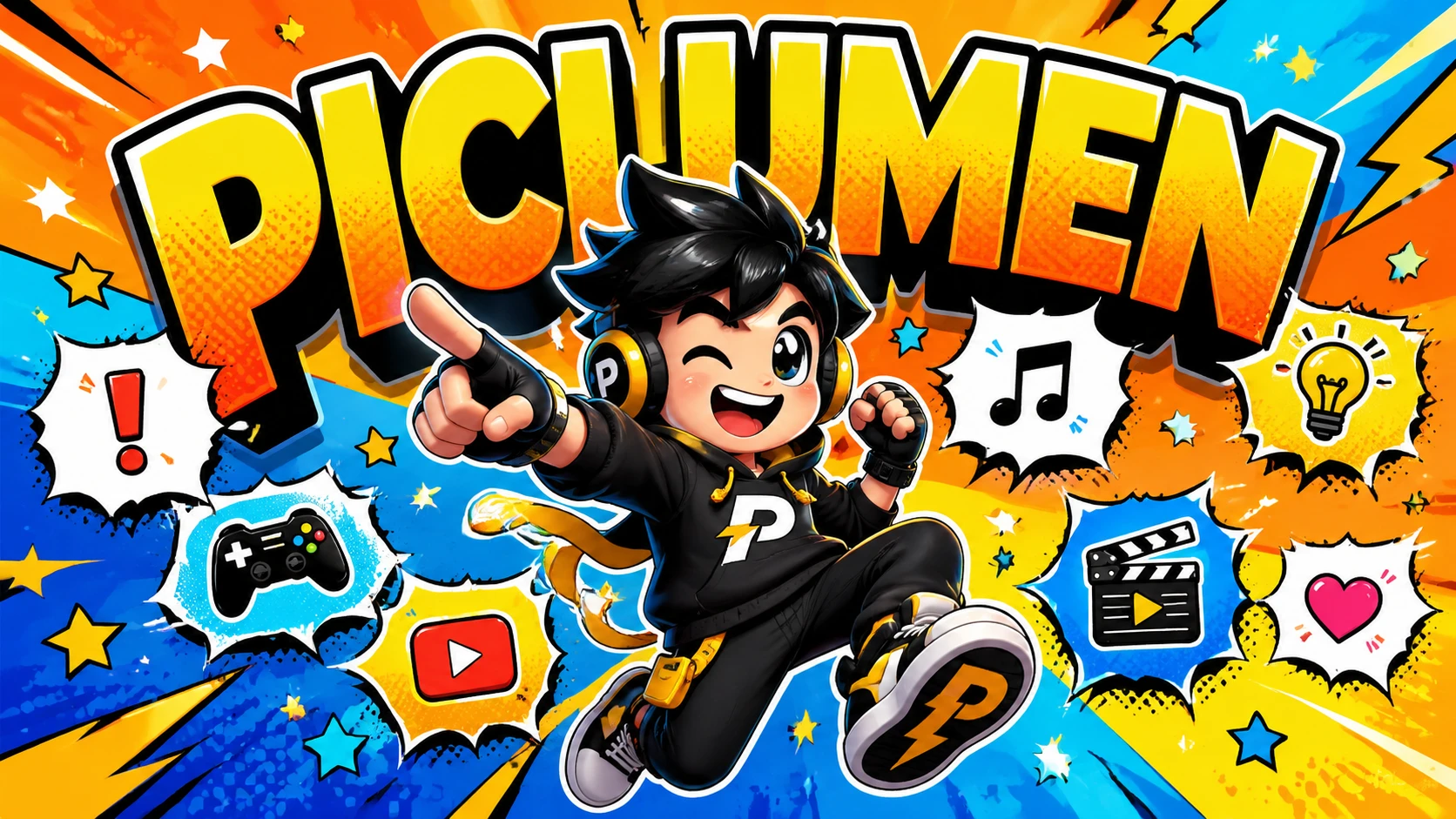 Cartoon hero jumping with colorful comic speech bubbles