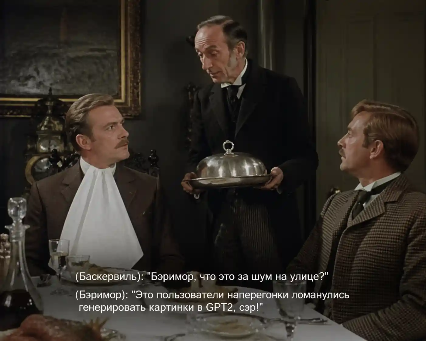 Victorian gentlemen dining in a cinematic Soviet style scene