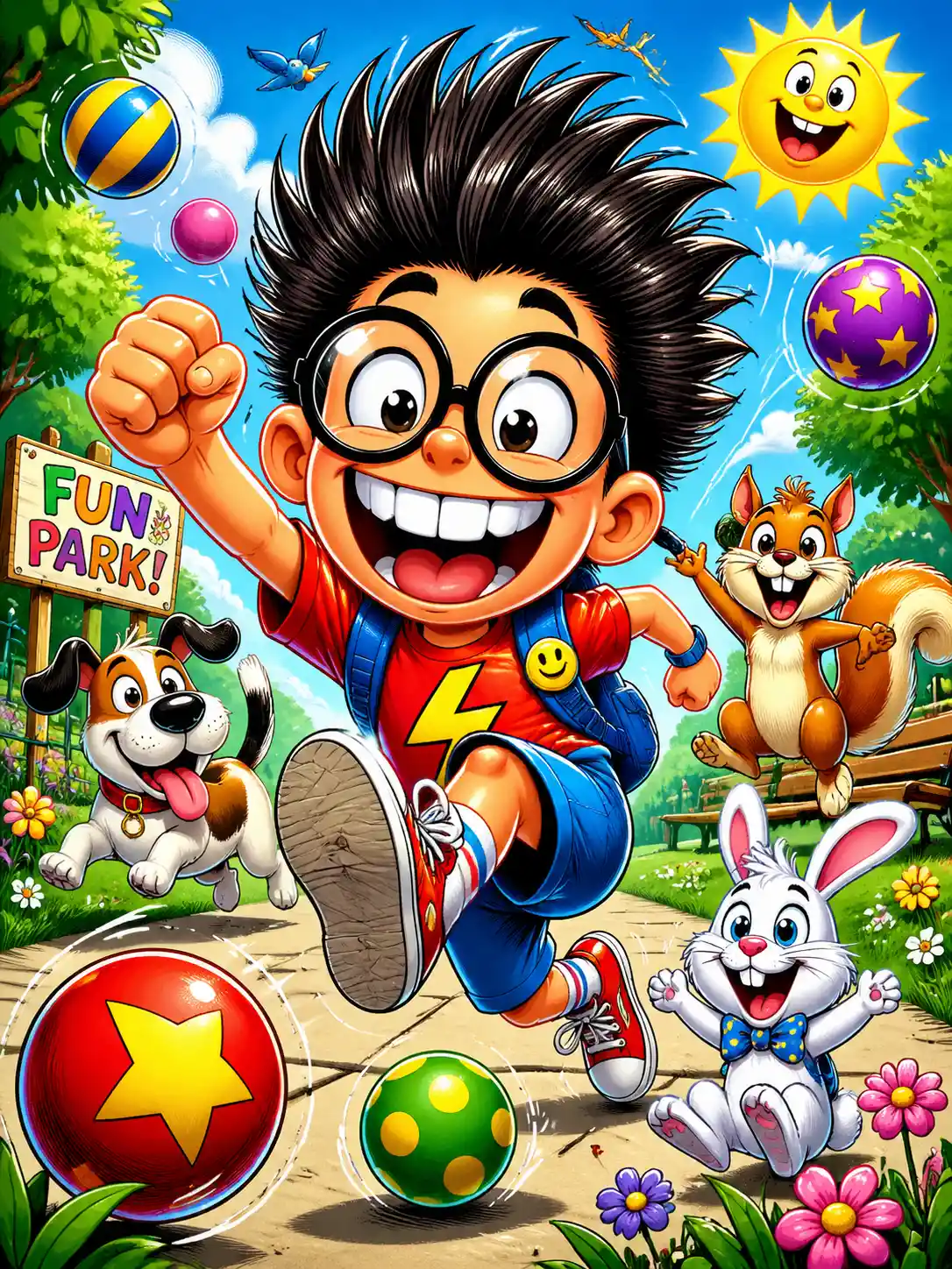 Playful cartoon boy leaping in a sunny park scene