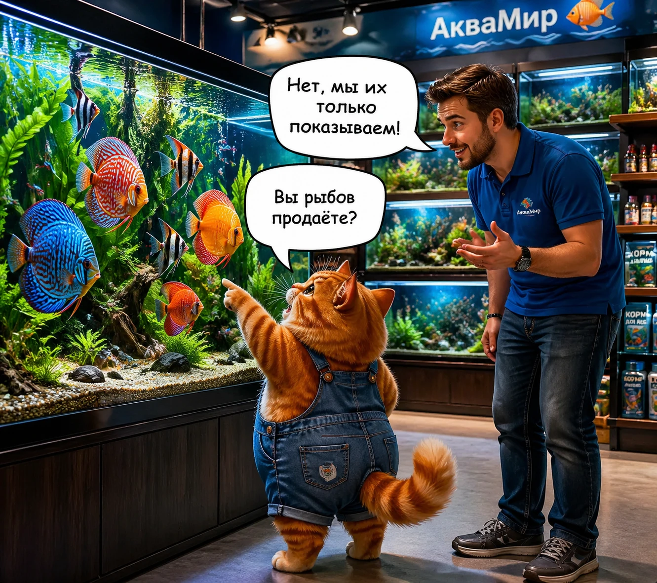Curious orange cat in overalls watching fish in aquarium