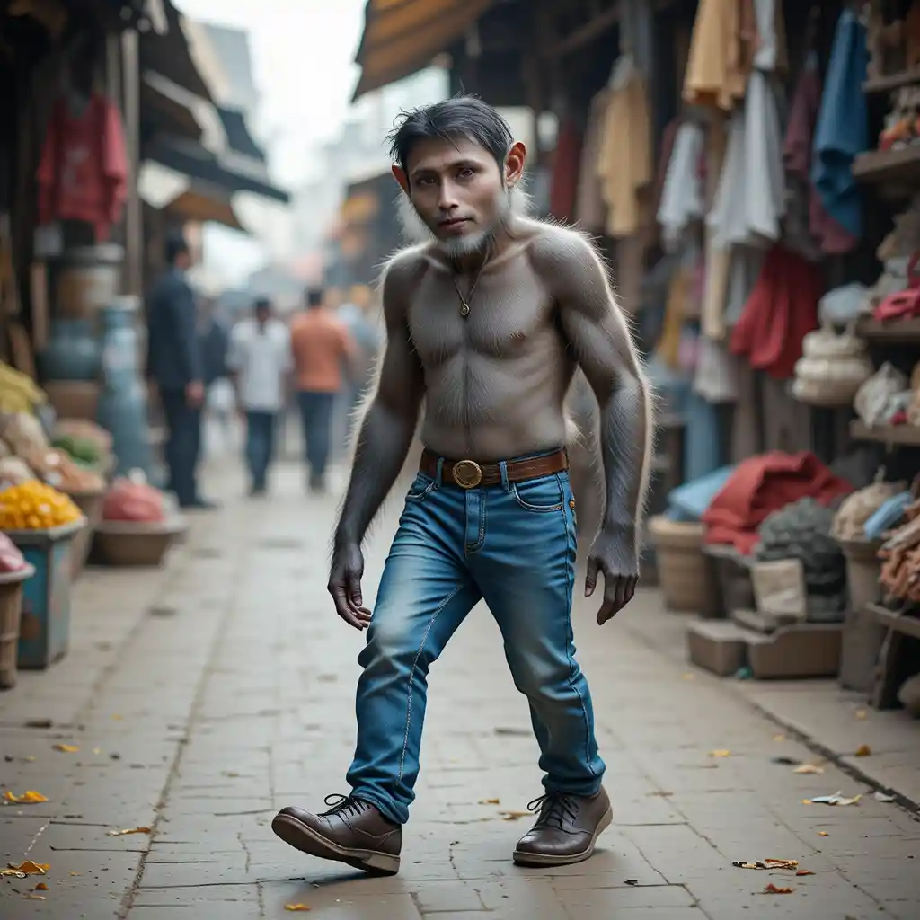 Monkey In Jeans Walking Through A Busy Indian Market