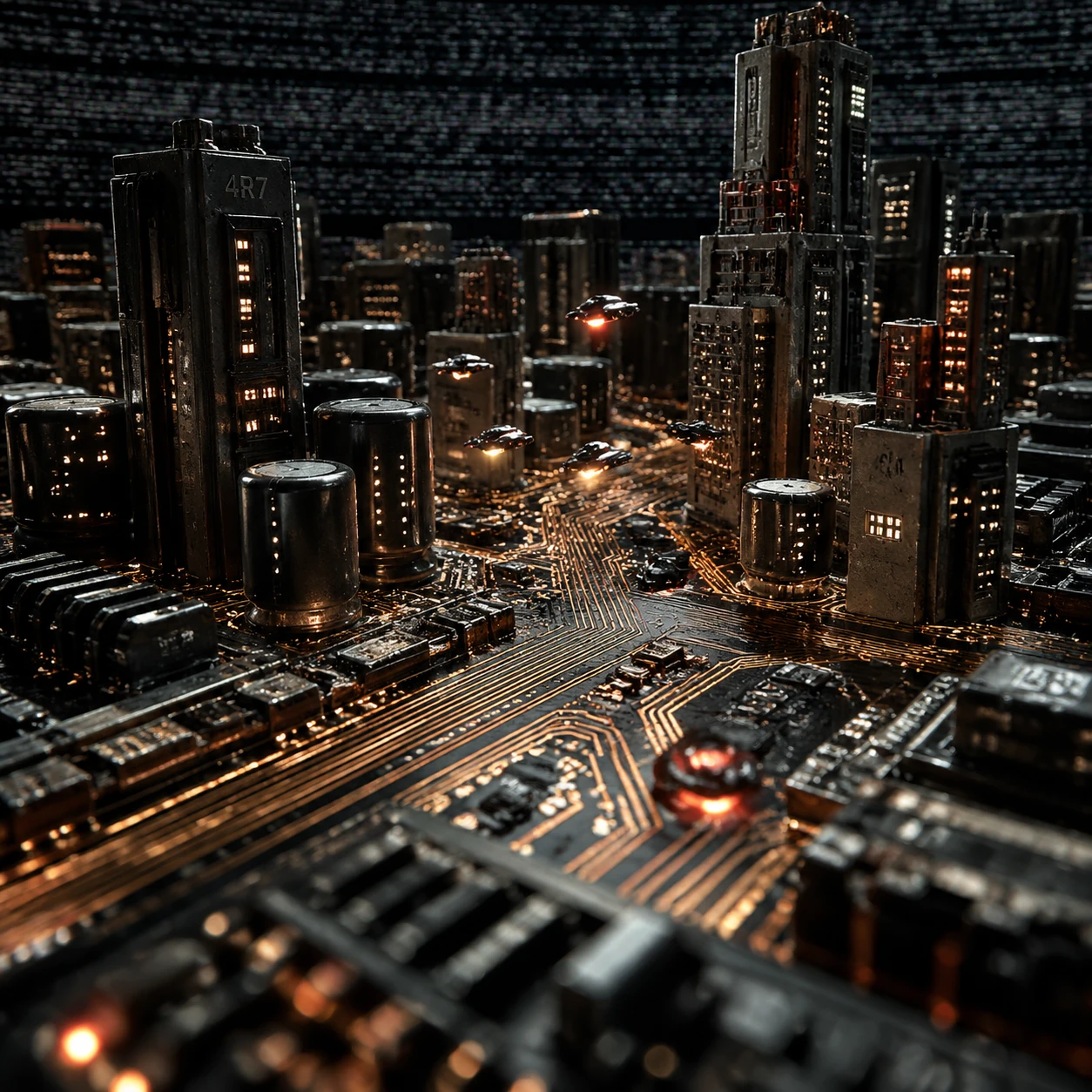 Vista macro de una ciudad futurista sobre una placa base