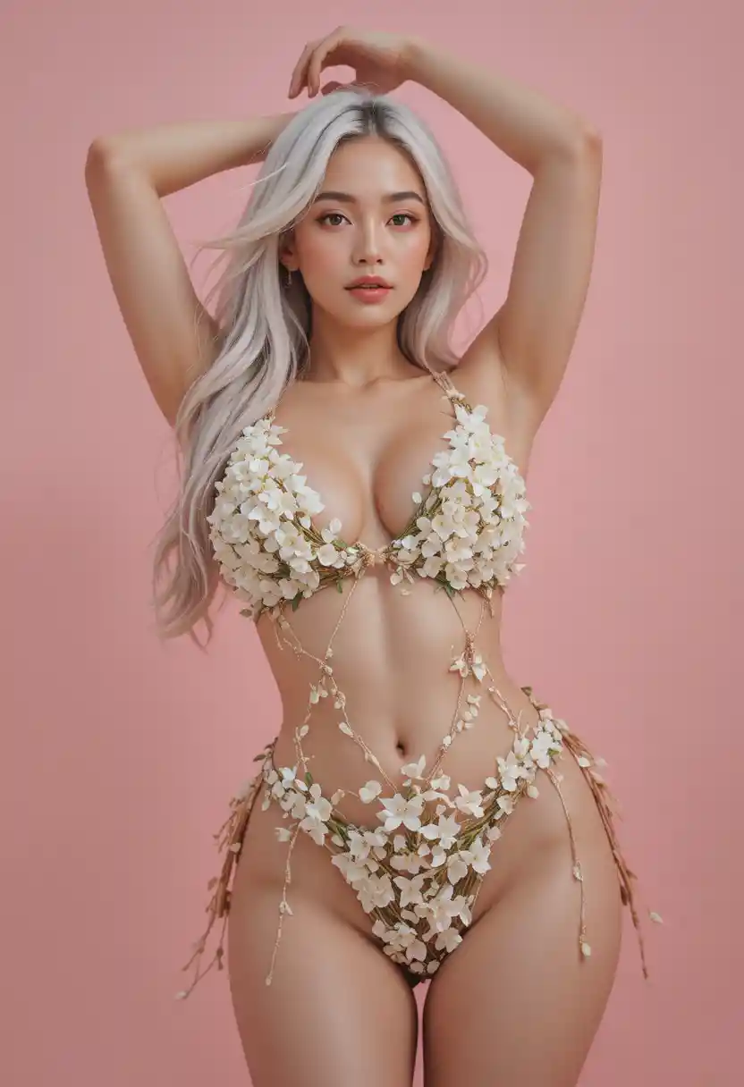 Korean woman in floral mini bikini on pale pink background
