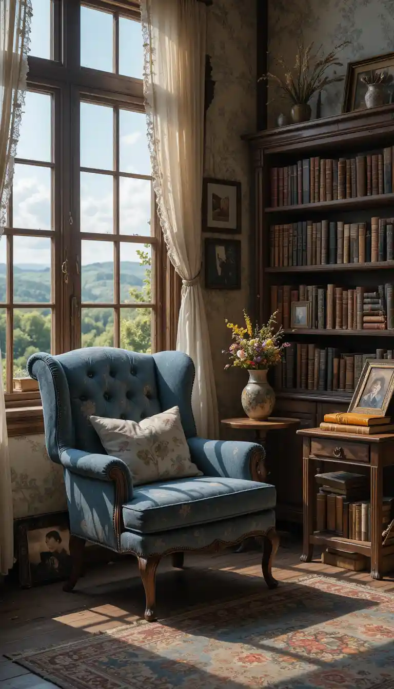 Cozy vintage reading nook with worn blue armchair