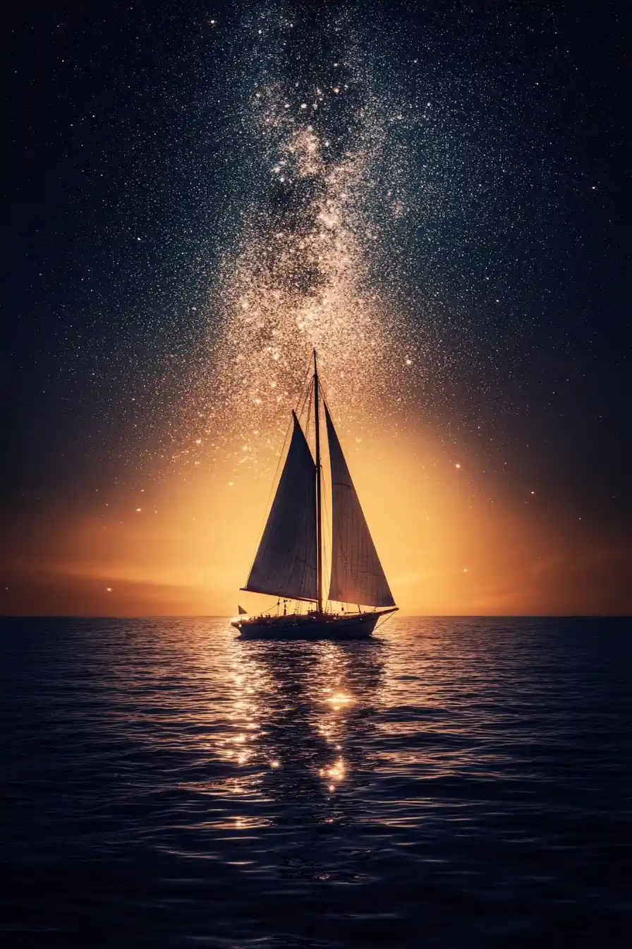 Sailboat Crossing From Dusk Into Starlit Dawn