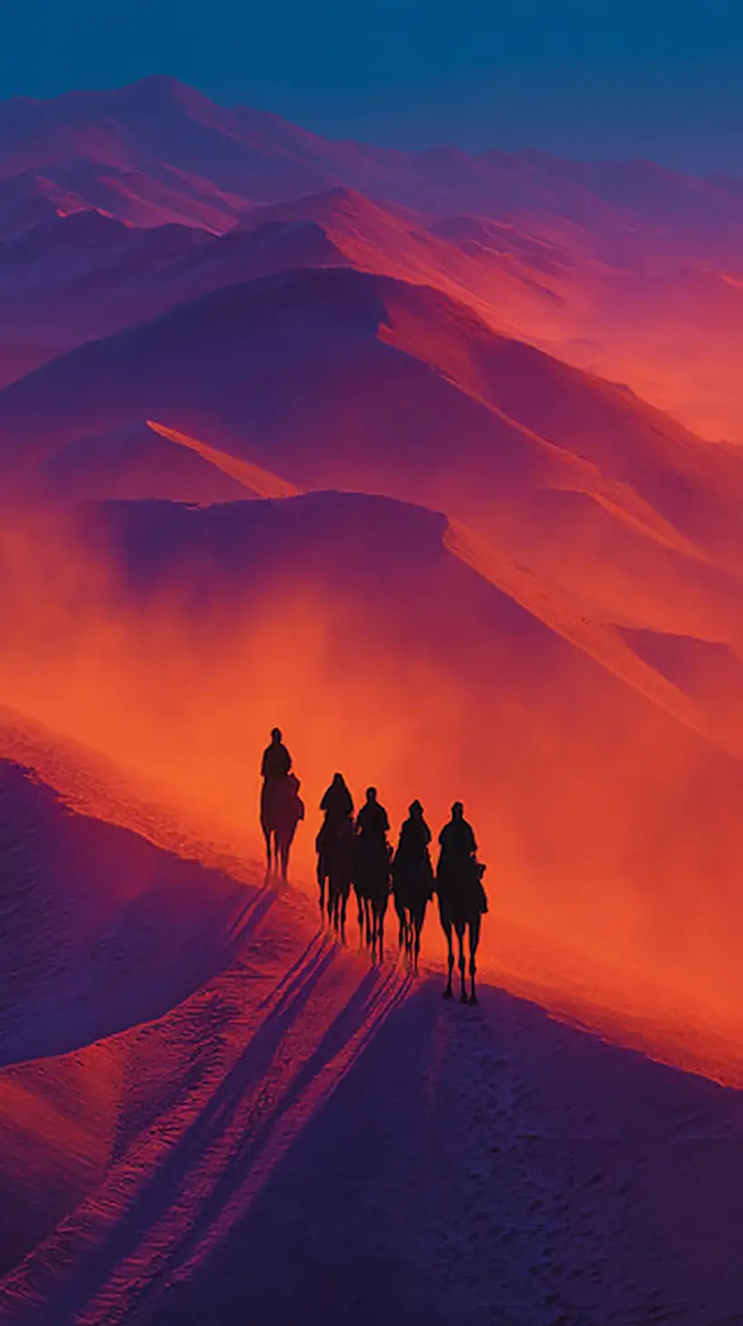 Tuareg caravan of camels departing across the desert at dawn