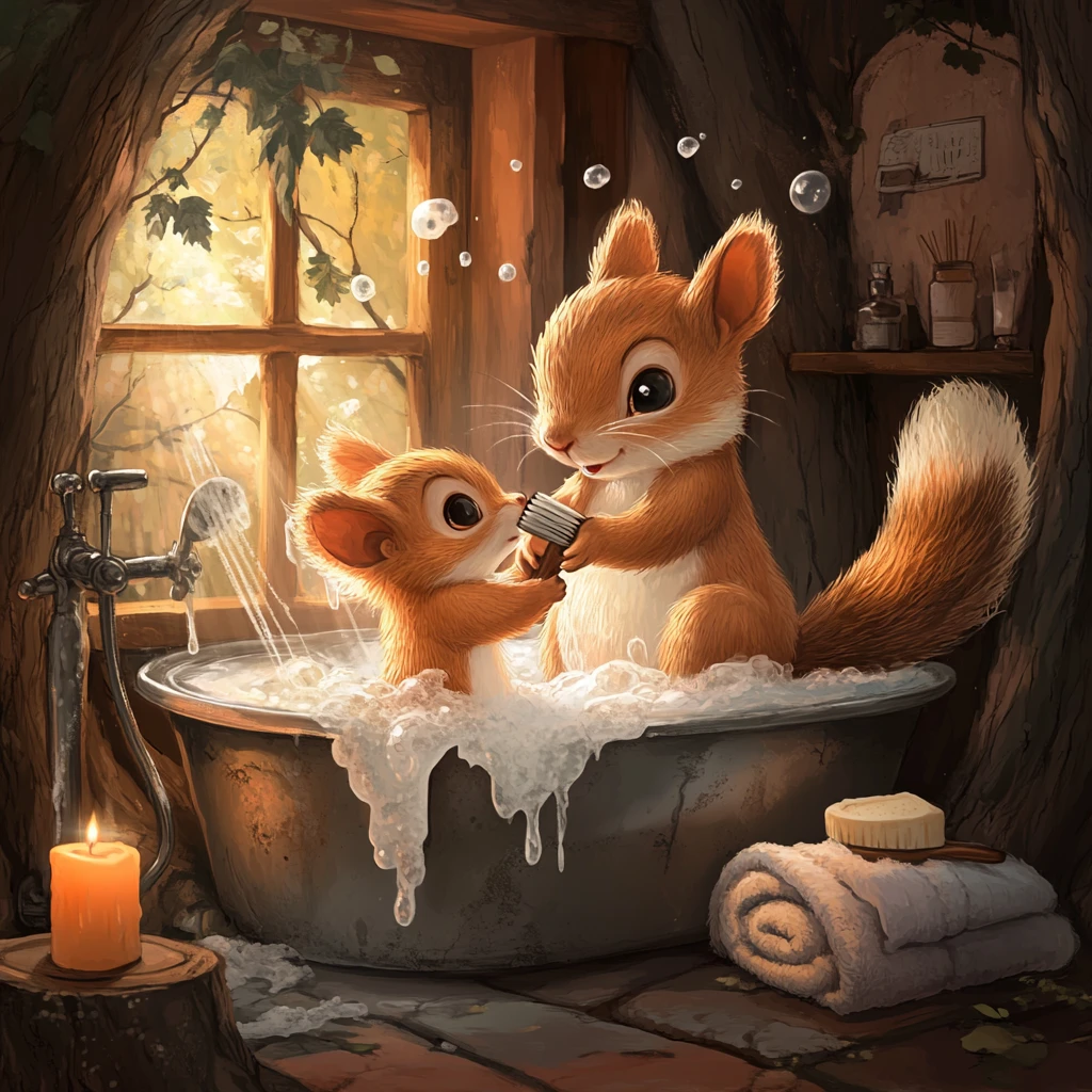 Adorable familia de ardillas en caricatura bañándose en un baño dentro de un hueco de árbol