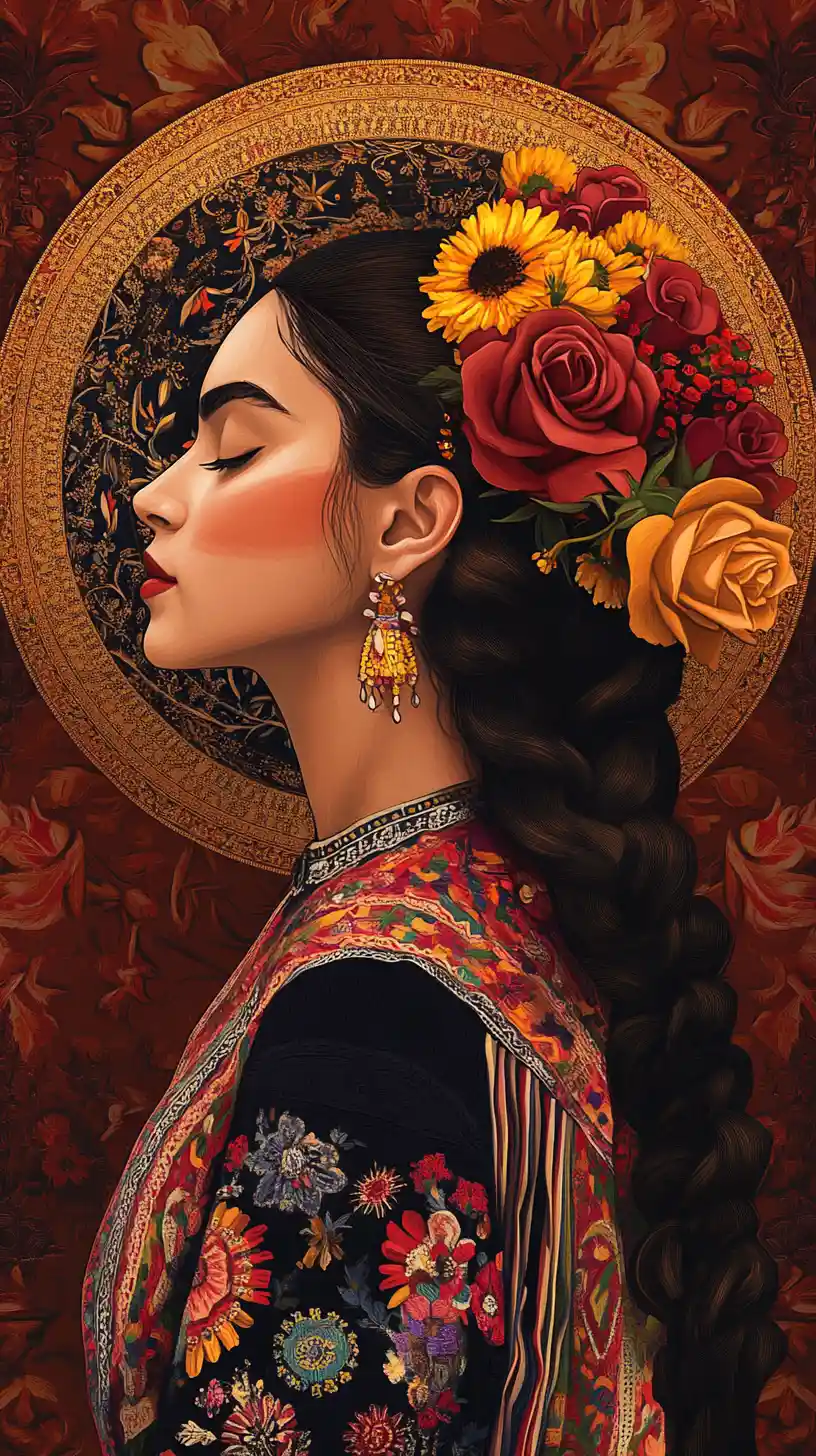 Serene profile portrait of a woman in traditional floral dress