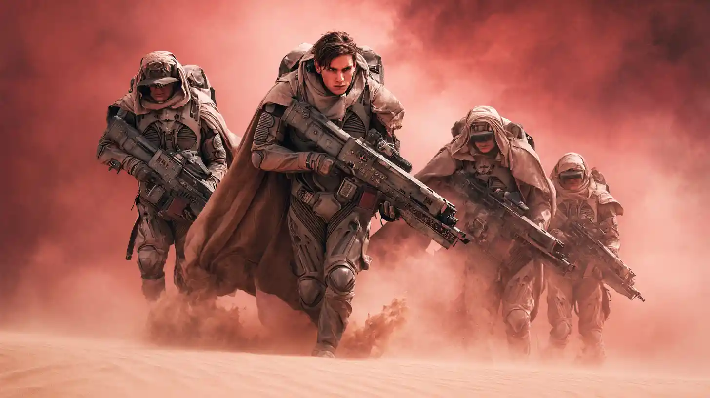 Armored sci fi marines aiming heavy smartgun in battle