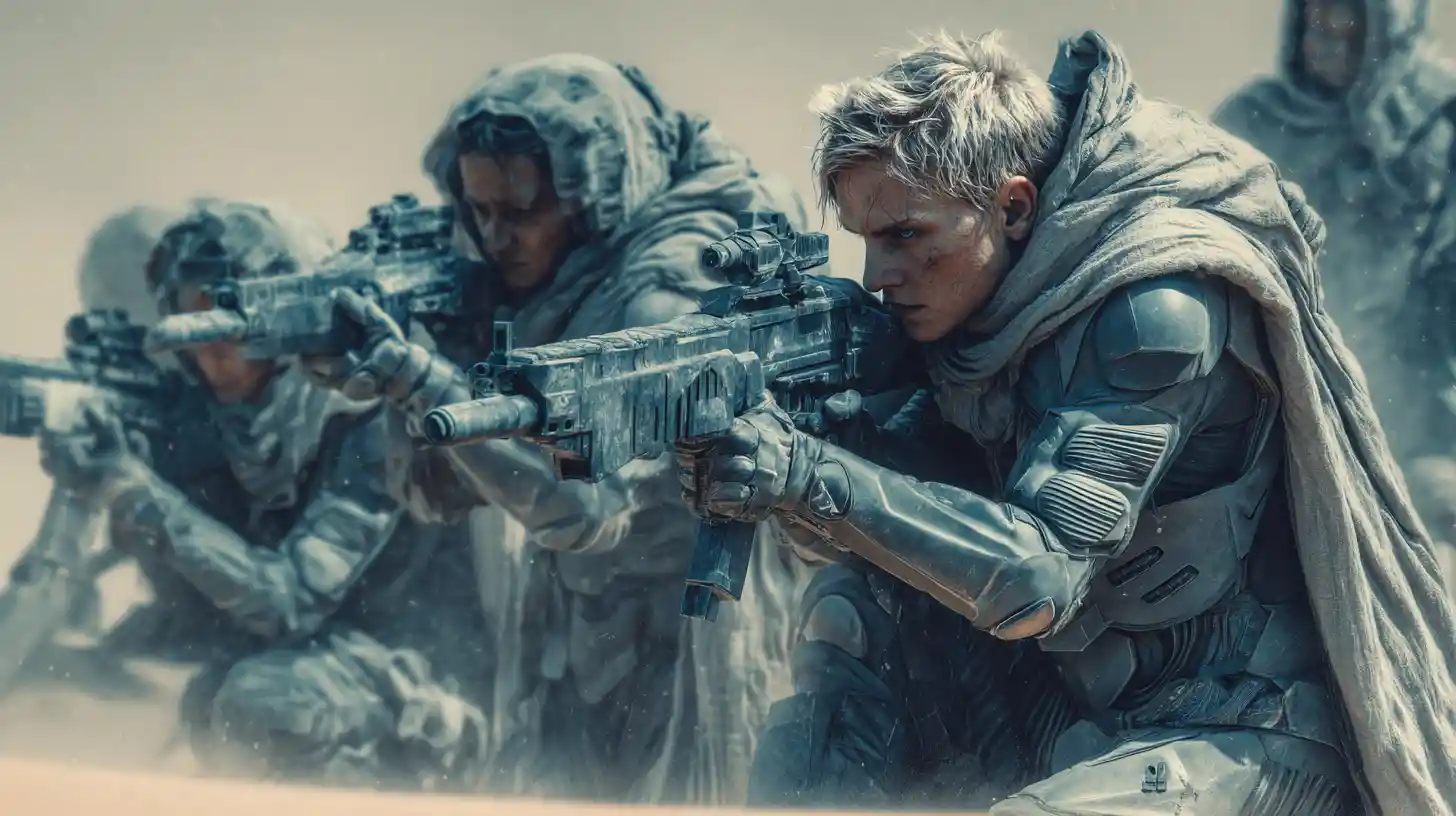 Sci fi marines in dynamic formation on alien battlefield