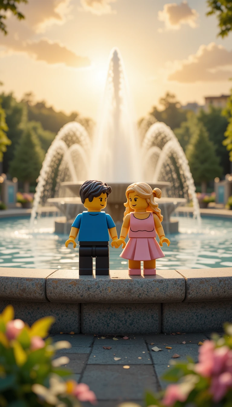 Lego couple holding hands on a bench by fountain