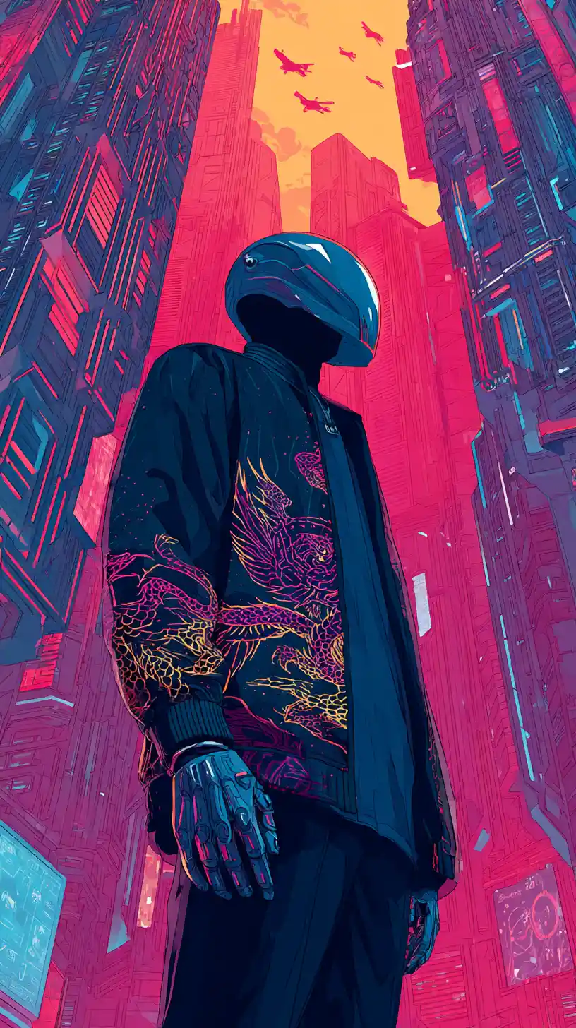 Chrome masked figure in neon futuristic cityscape