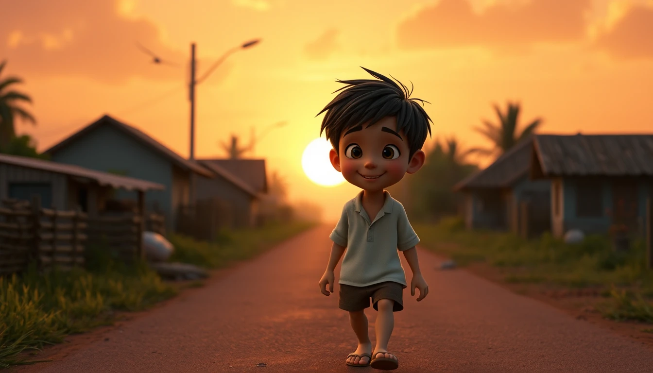 Young boy walking barefoot along a quiet village road