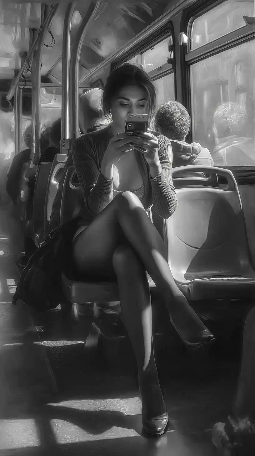 Bella donna su un autobus mattutino mentre usa lo smartphone