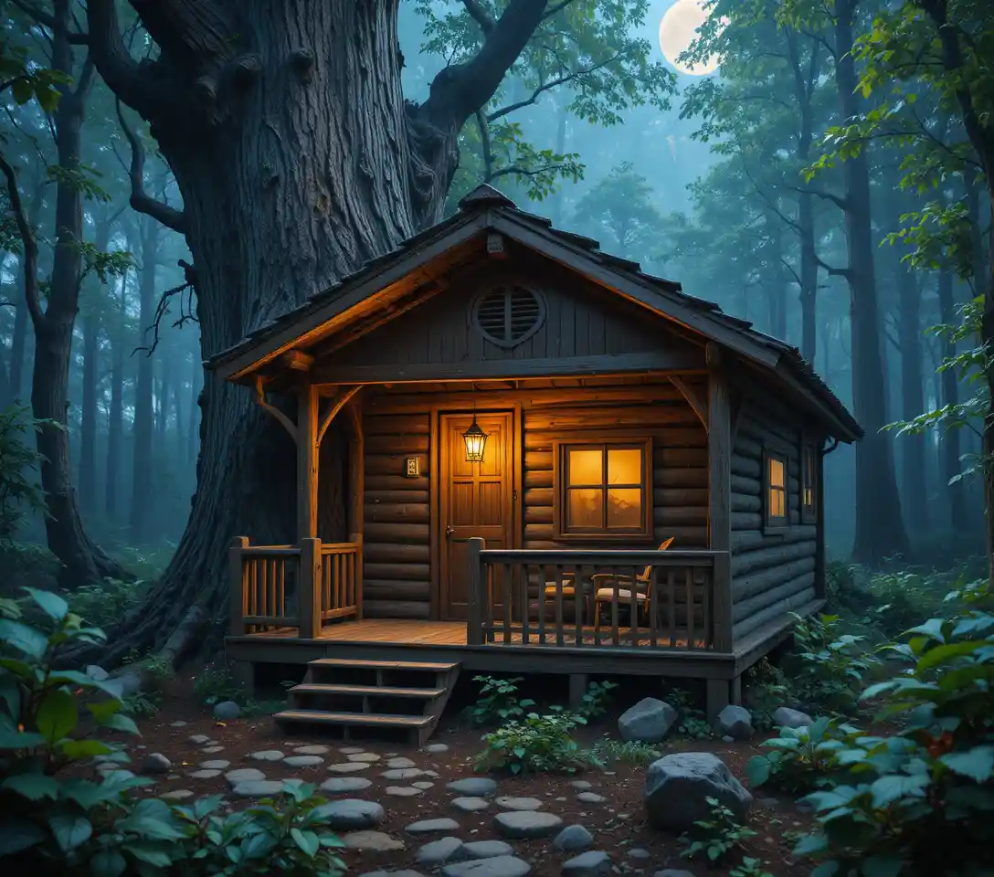 Rustic wooden tree cabin glowing softly in moonlit forest