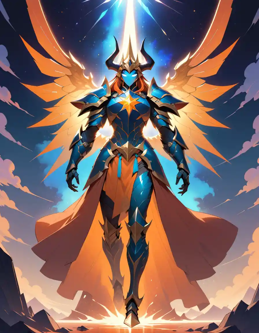 Celestial horned warrior with galaxy wings in radiant armor