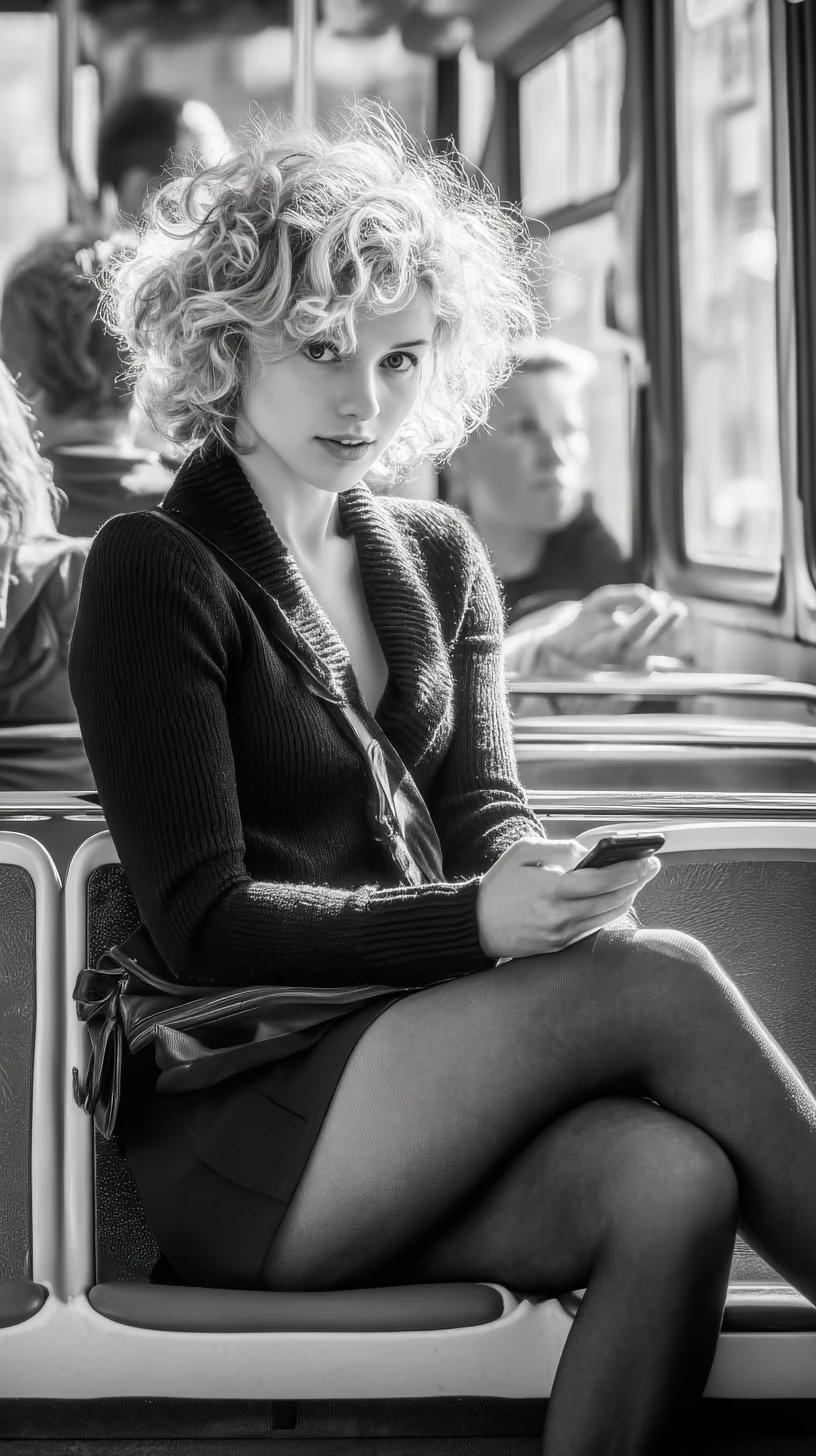 Woman on a morning bus lost in a hypnotic smartphone gaze