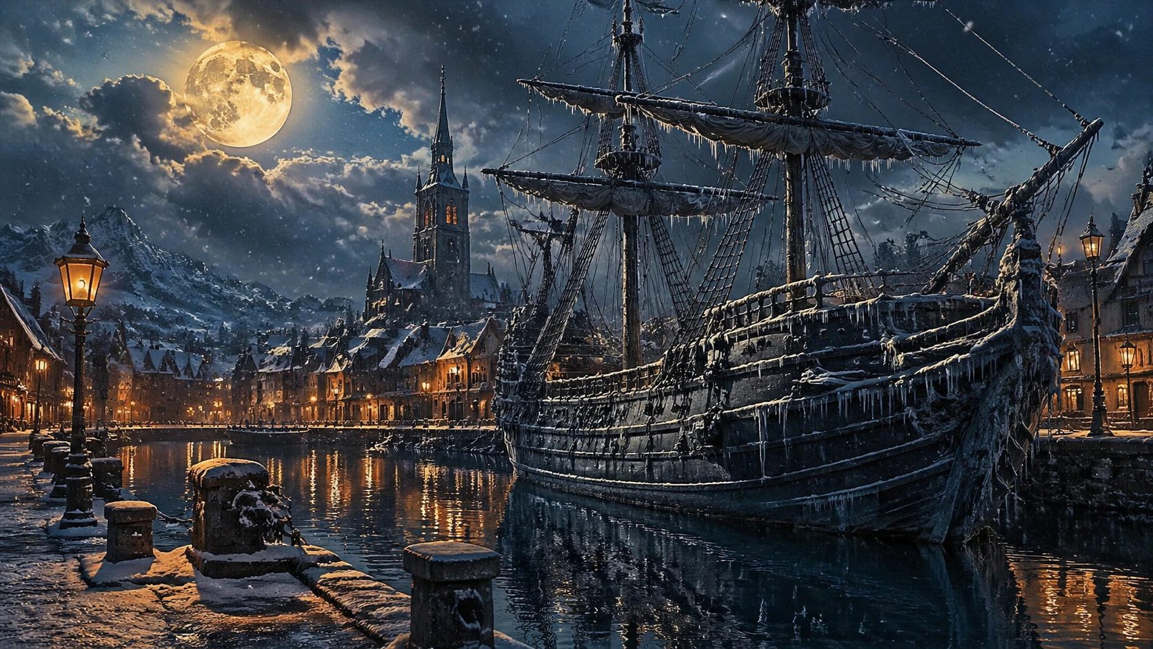 Medieval sailing ship in a snowy moonlit harbor