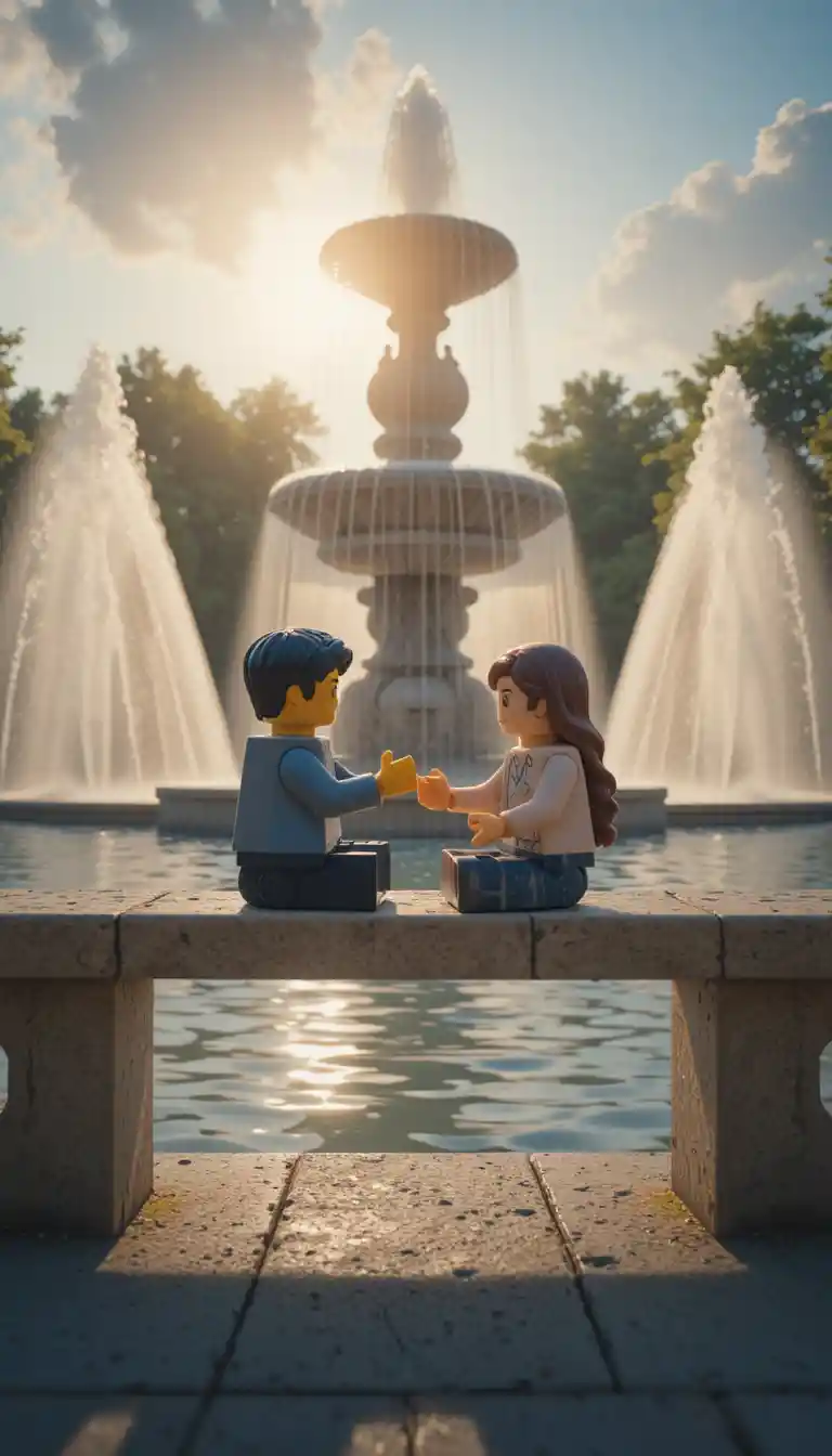 Lego couple holding hands by a peaceful summer fountain