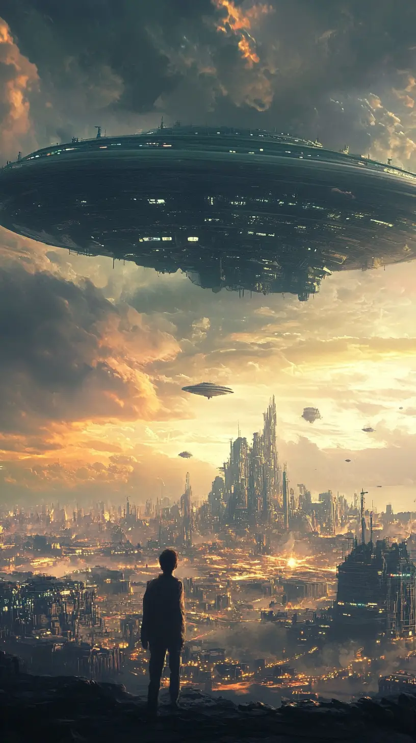 Misterioso UFO in CGI che fluttua in alto nel cielo aperto