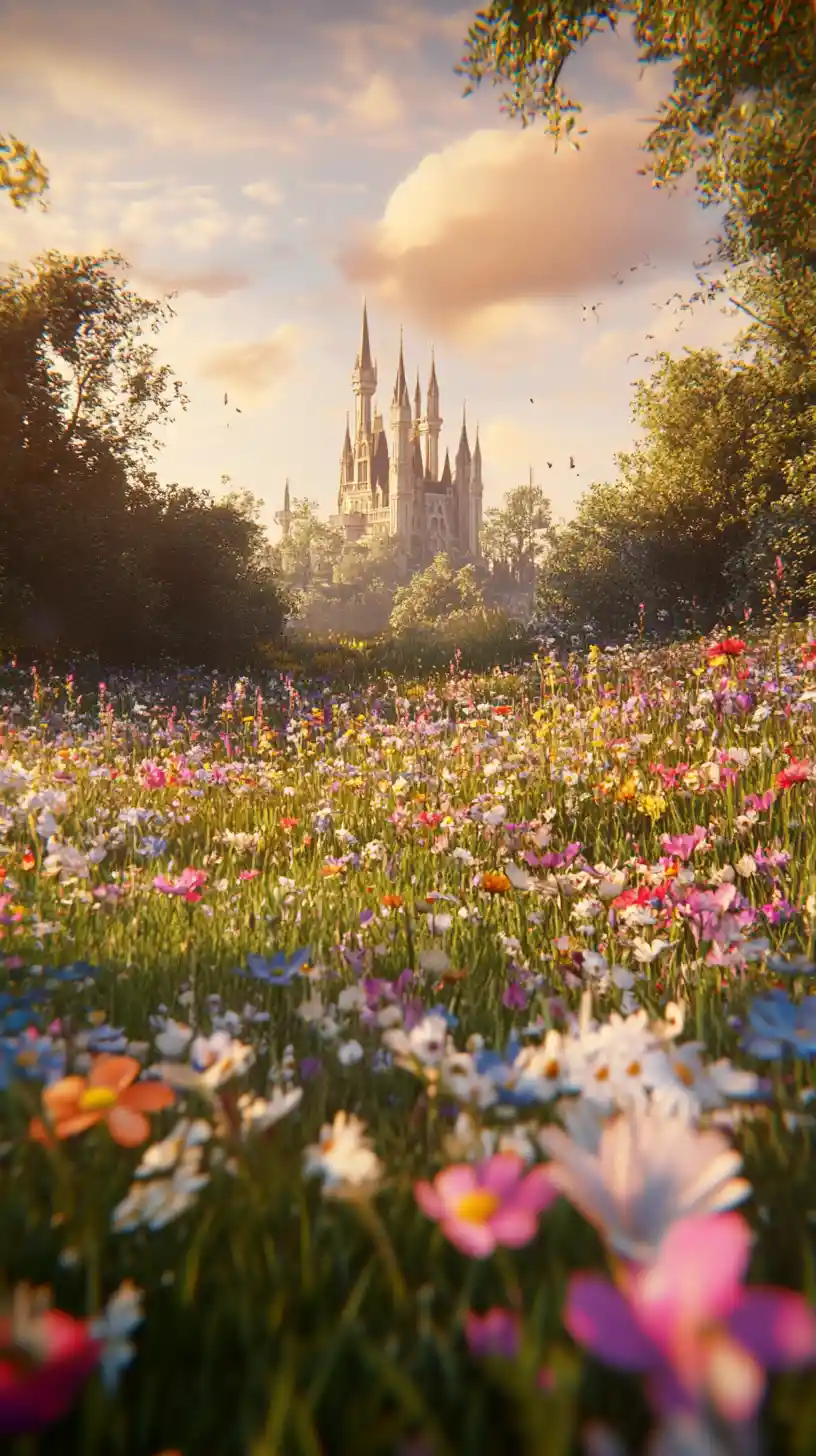 Blooming flower garden at sunset beside a distant castle