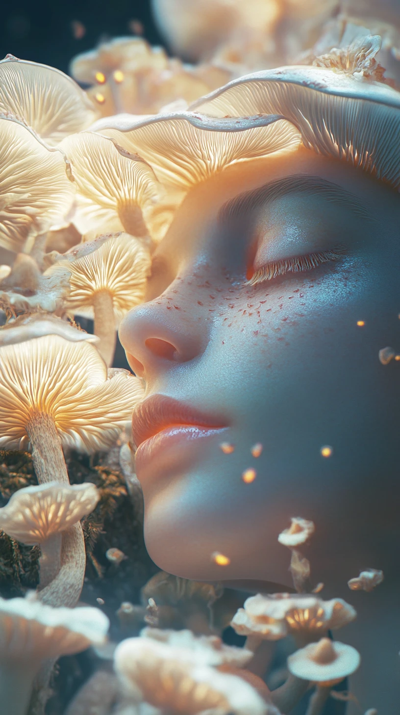 Espíritu de hongo surrealista con delicado rostro humanoide