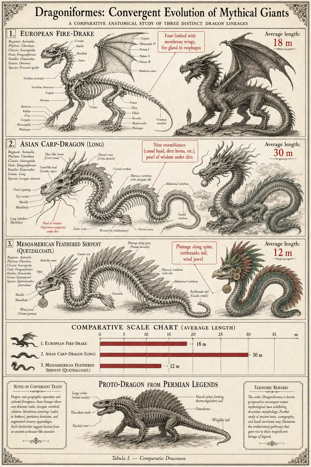 Comparative anatomy plate of three legendary dragon types