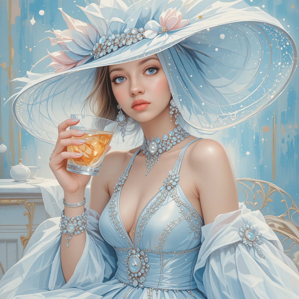 Elegant woman in pastel blue sipping a stylish cocktail