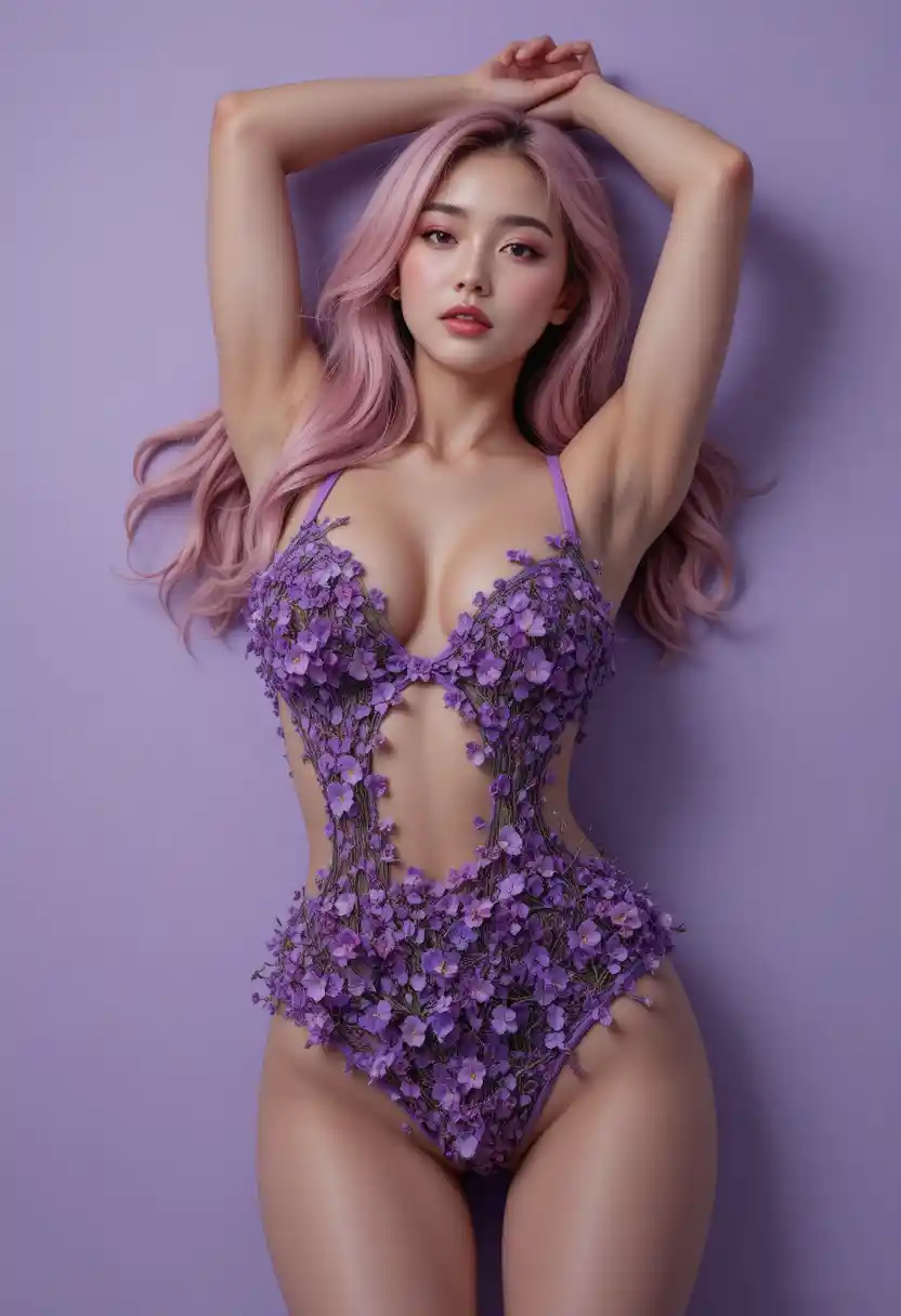 Korean woman in violet bikini on pale purple studio background