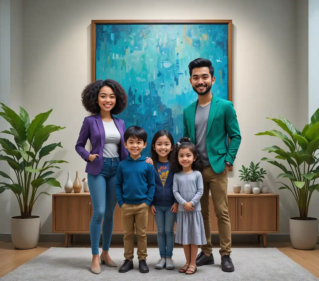 Stylish family posing together in a modern art gallery