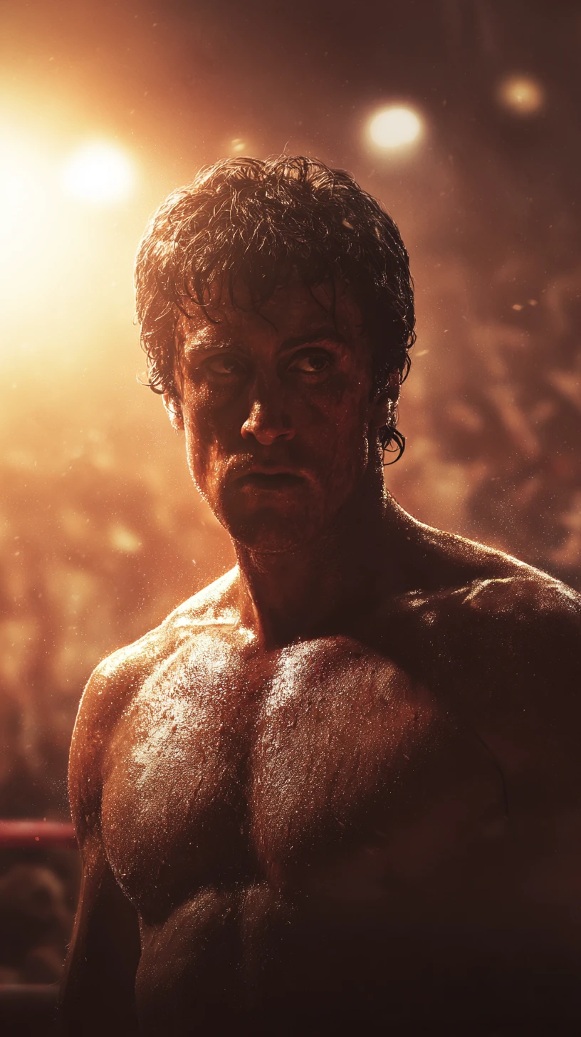 Boxer close up in a golden lit boxing ring