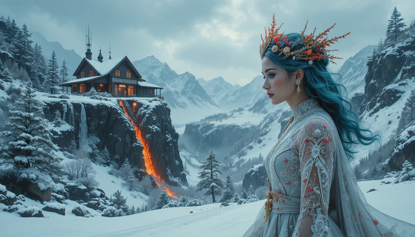 Ethereal white creature floating above snowy mountain forest