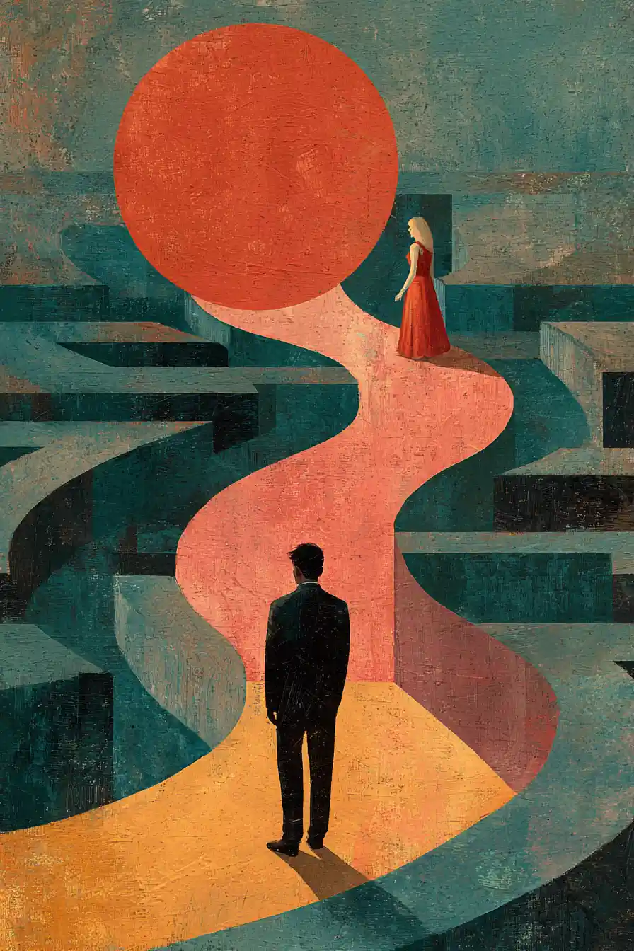 Sad man in a surreal maze watching his lover leave