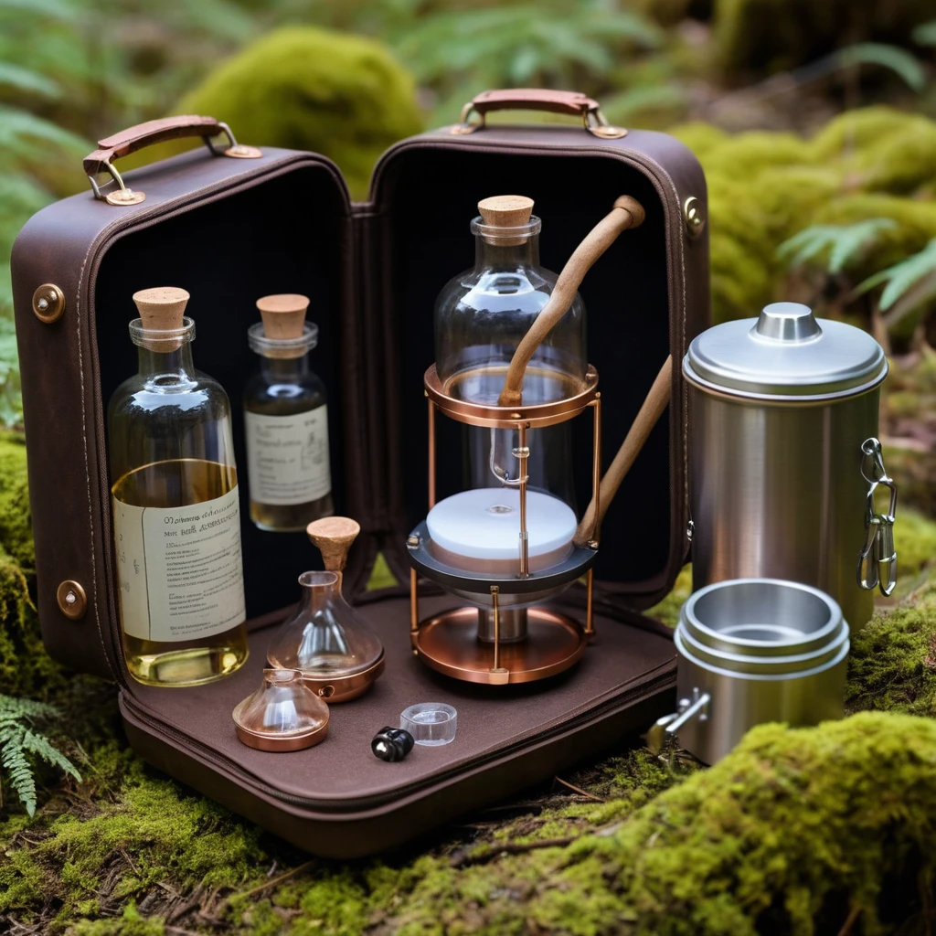 Portable fantasy mushroom wine brewing kit in leather case