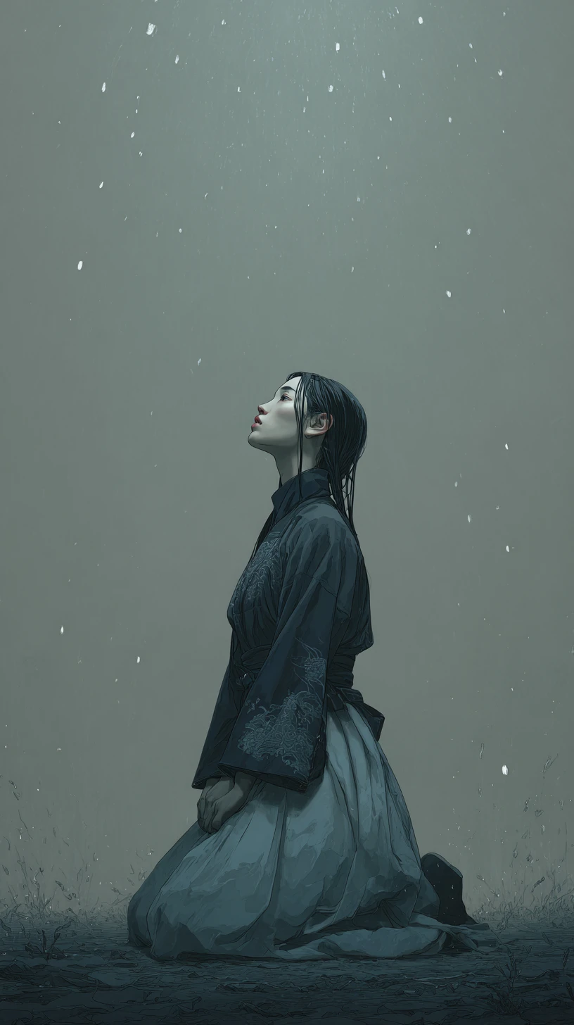 Young woman kneeling under soft light in muted rain
