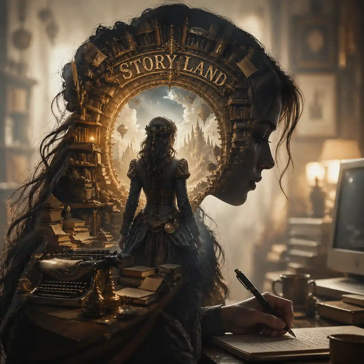 Woman Writing At Desk In Dreamy Double Exposure Profile