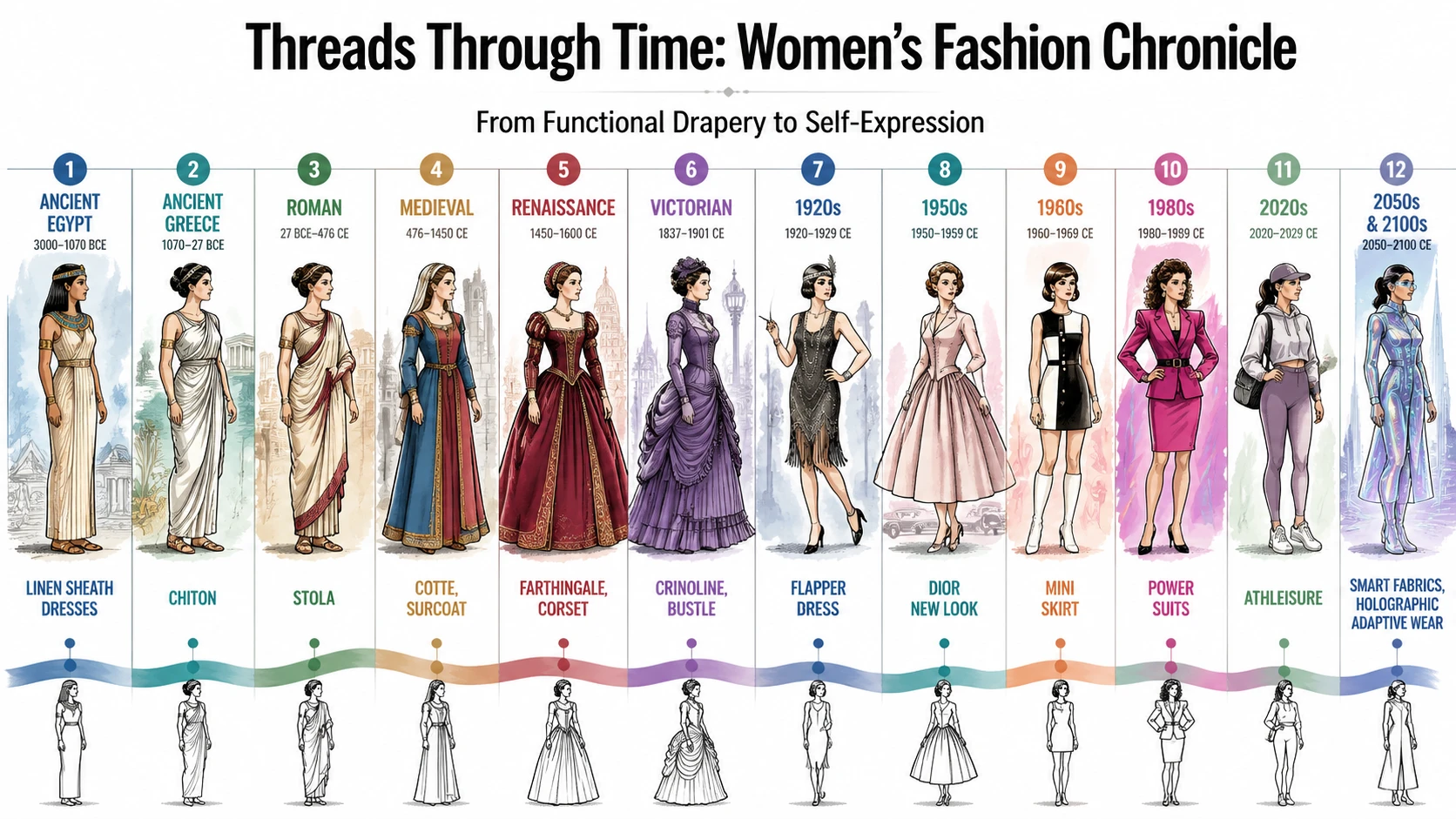 Timeline infographic of womens fashion through historical eras