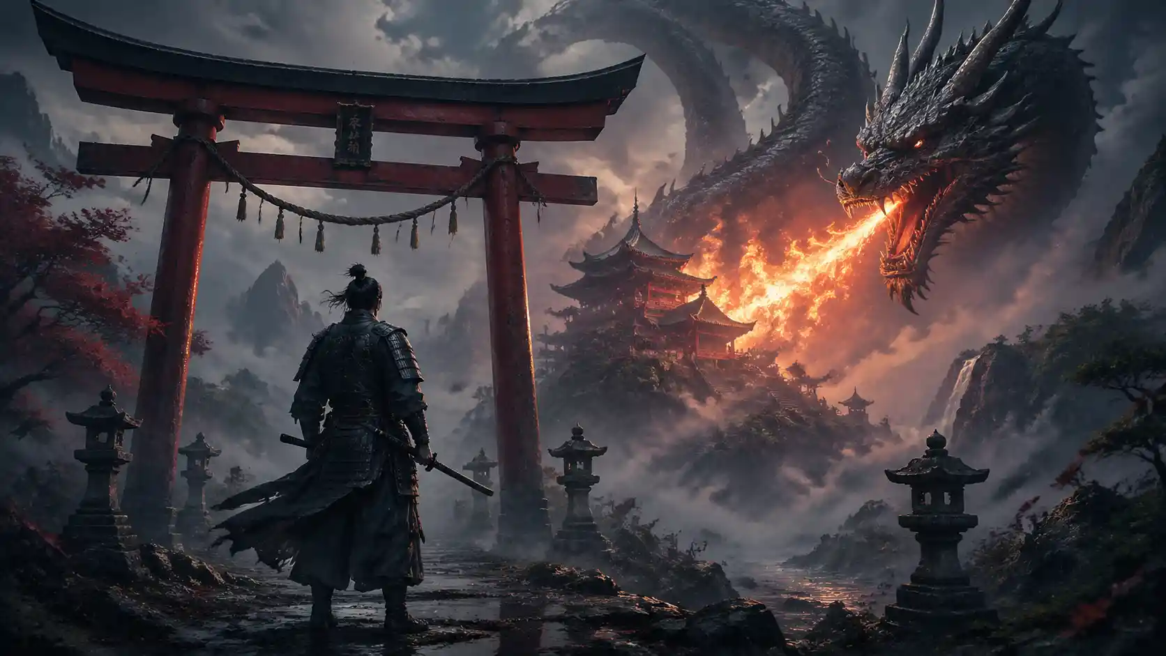 Samurai Before Torii Gate And Misty Japanese Temple