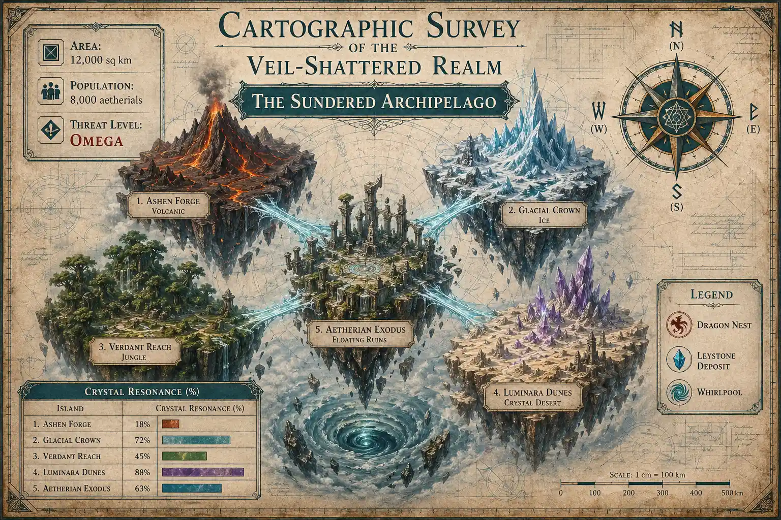 Fantasy-Weltkarte des zersplitterten schwebenden Archipels