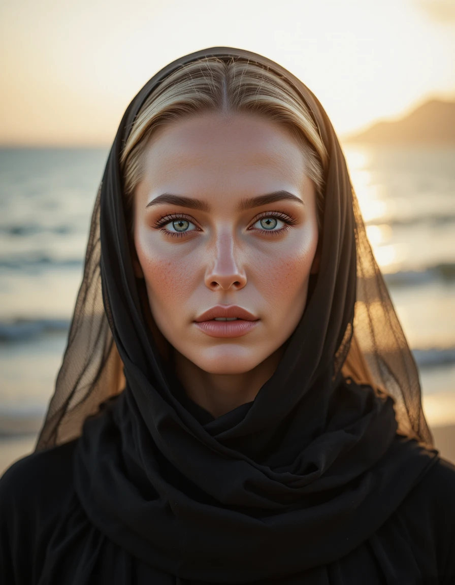 Cinematic close up portrait of woman in black abaya