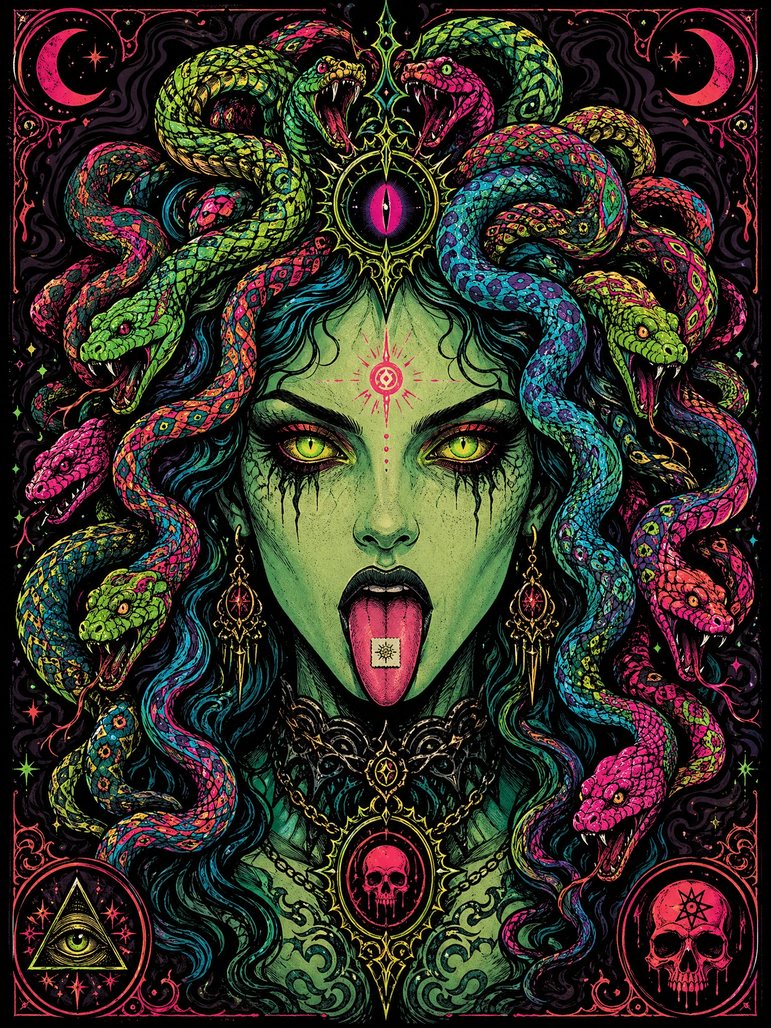 Neon psychedelic Medusa portrait with trippy snakes and LSD