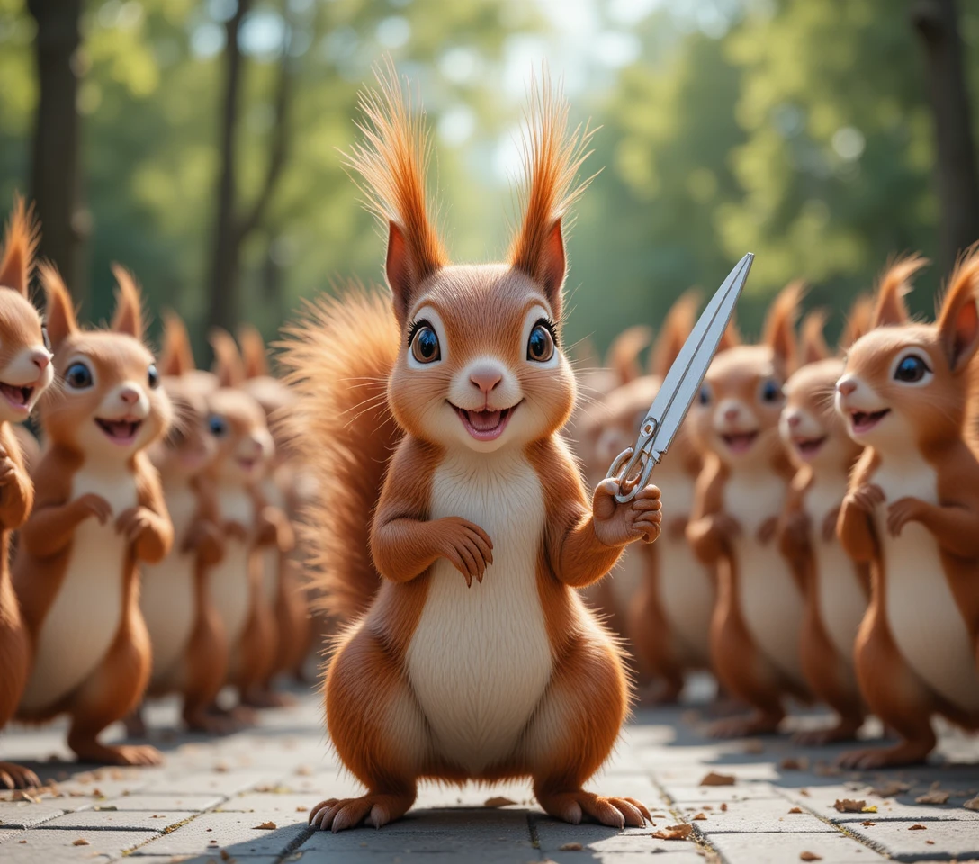Red squirrel holding scissors leads a lively crowd in a park