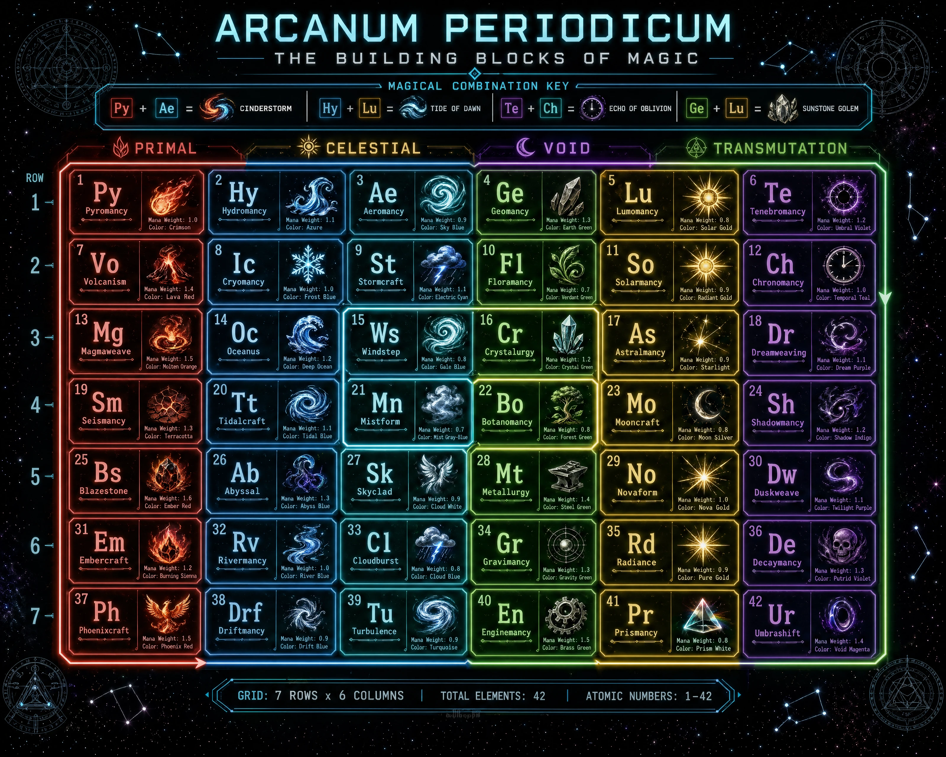 Spiral periodic table of elemental magic in neon starfield