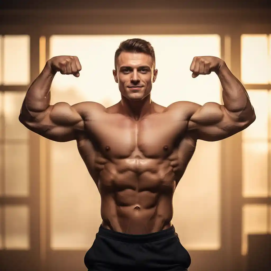Muscular man flexing with defined upper body in warm light