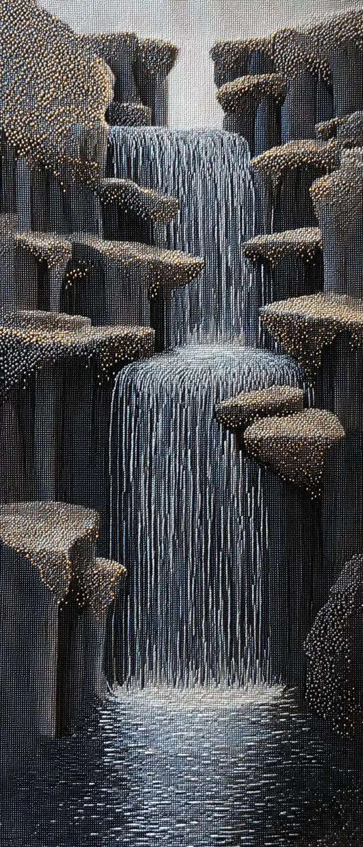 Cascata a punto ago di mercurio liquido su scogliere di ossidiana scura