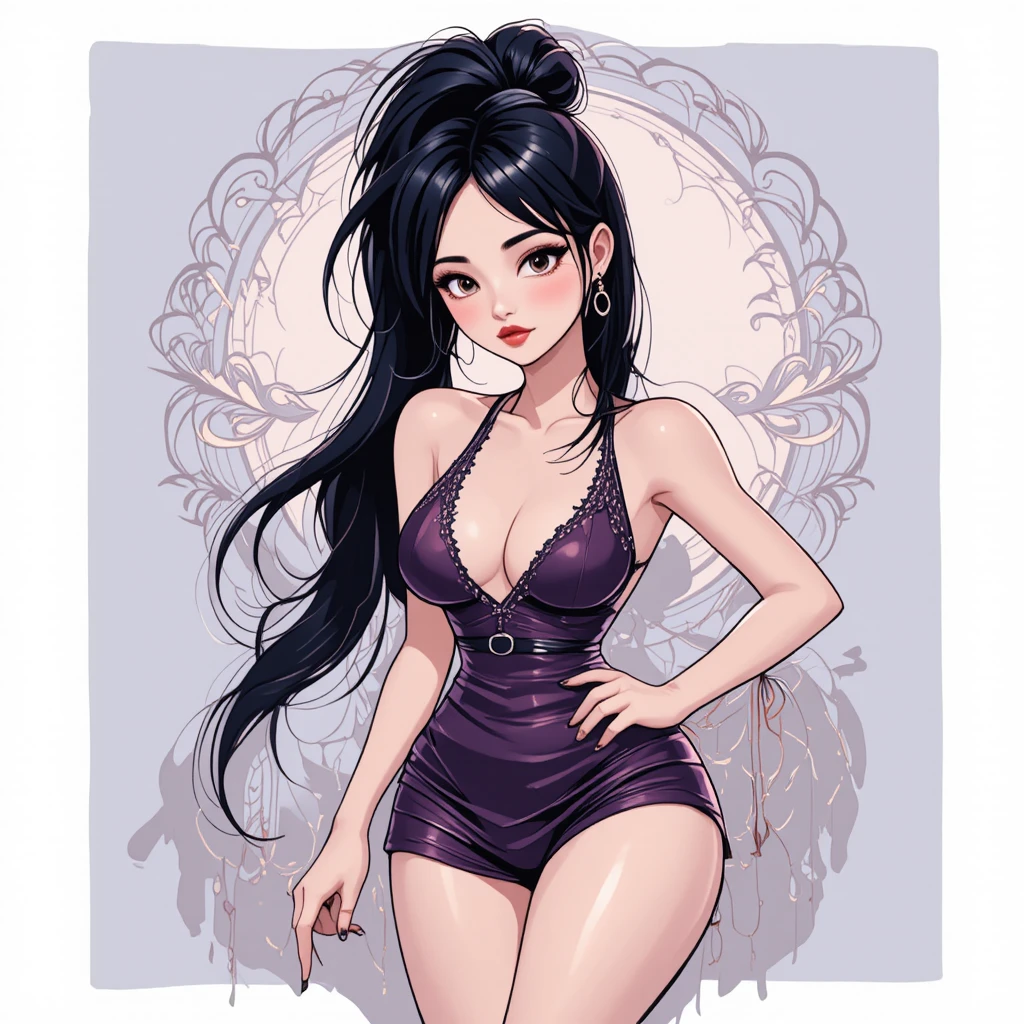 짧은 드레스를 입고 자신 있게 기대어 선 스타일라이즈 여성