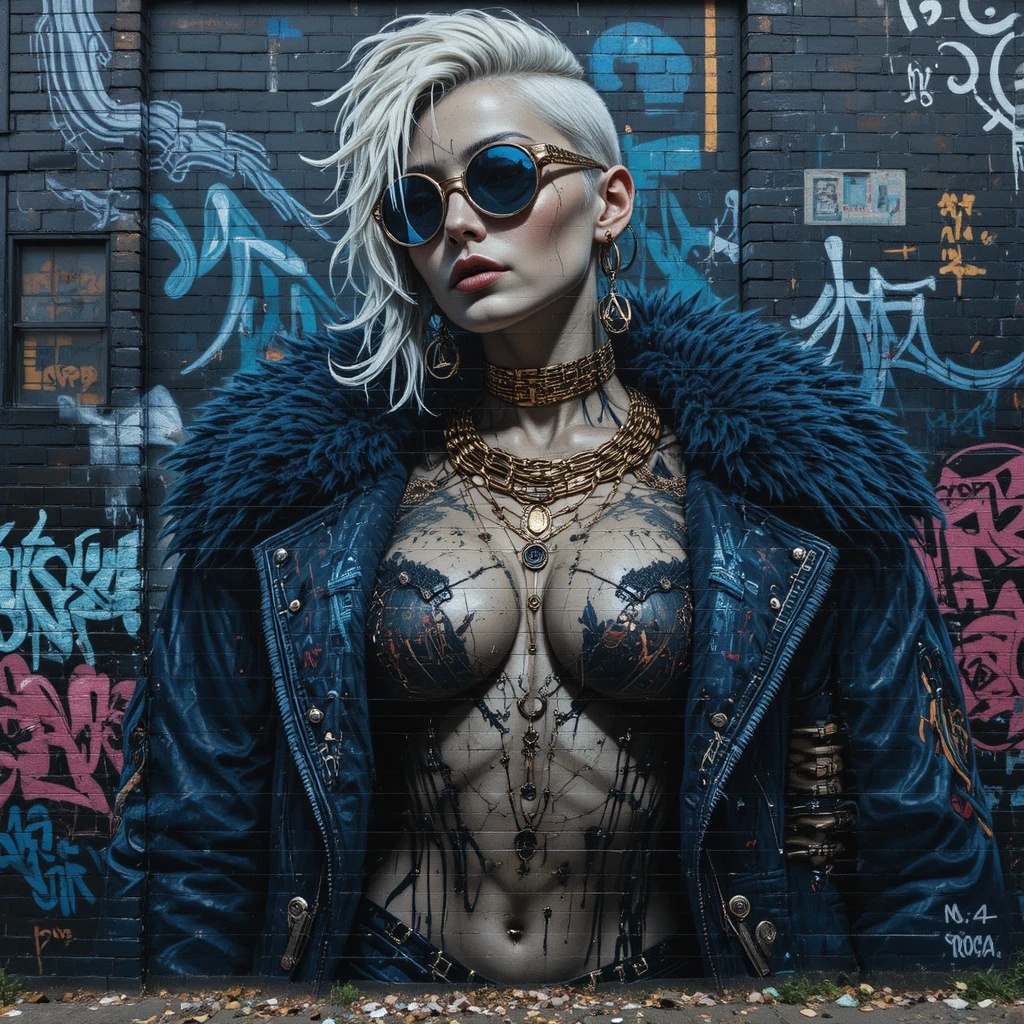 Biopunk steampunk woman mural on cracked brick wall