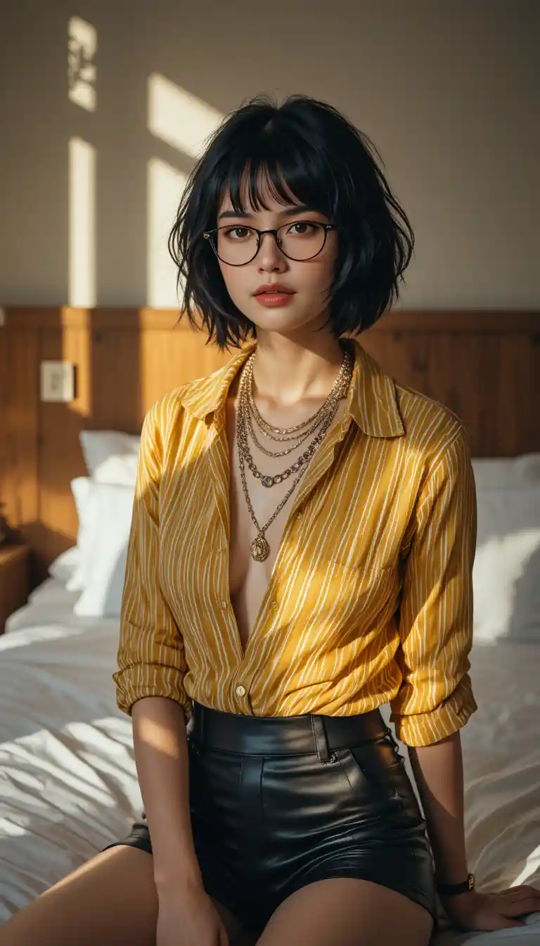 Woman in glasses on sunlit hotel bed at golden hour