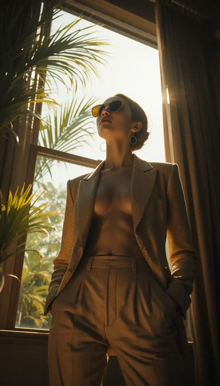 Chic woman in beige suit in low angle cinematic sunlight